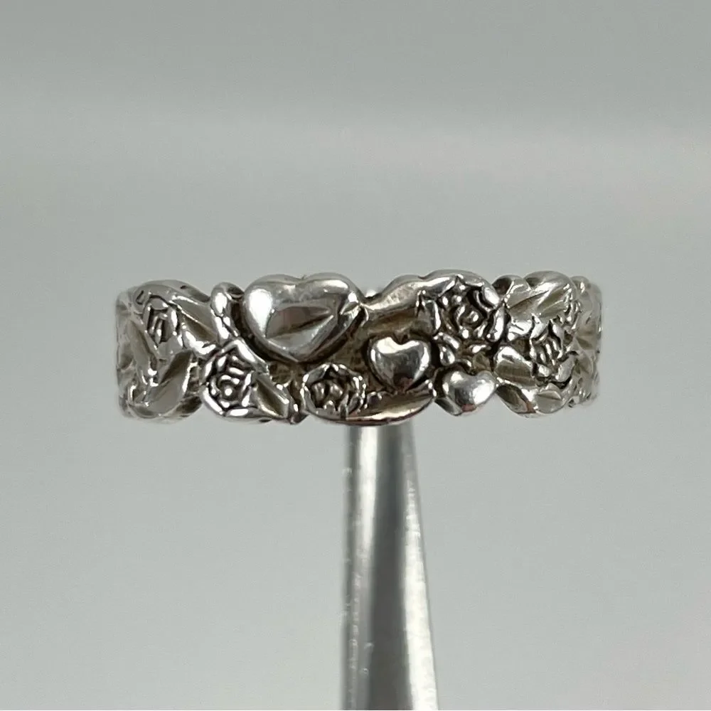 925 Sterling Silver Heart Flower Boho Ring Band Sz 7 Artisan Love Ring Fashion